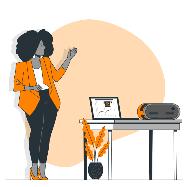 Cartoon of a woman pointing at a screen