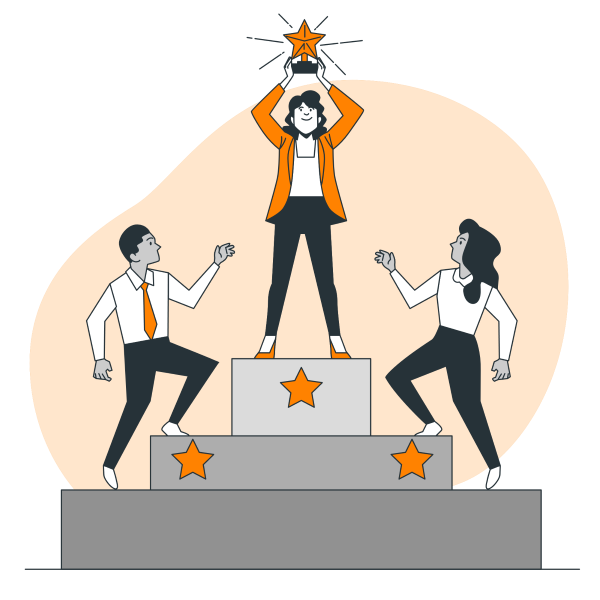 Cartoon a 3 tiered pedestal with a person at the top holding up a star